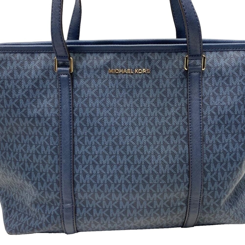 Michael Kors Blue Signature Coated Canvas/Leather Trim Zip Top Tote Bag